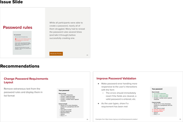 Report slide showing the issues with password creationg and the recommendations.
