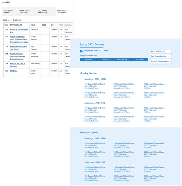 The old course catalog layout compared with the wireframe for the new course catalog.