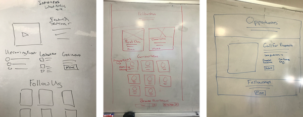 Whiteboards showing sketches for the new Mahindra website.