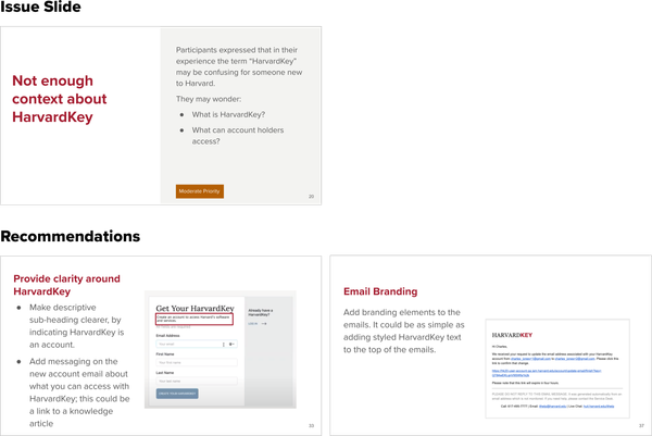 Report slide showing the issues with email and messaging around HarvardKey and the recommendations.
