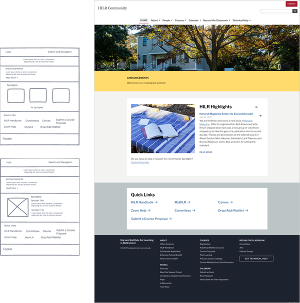 Sketches for the new Homepage and screen shot of the new Hompage.