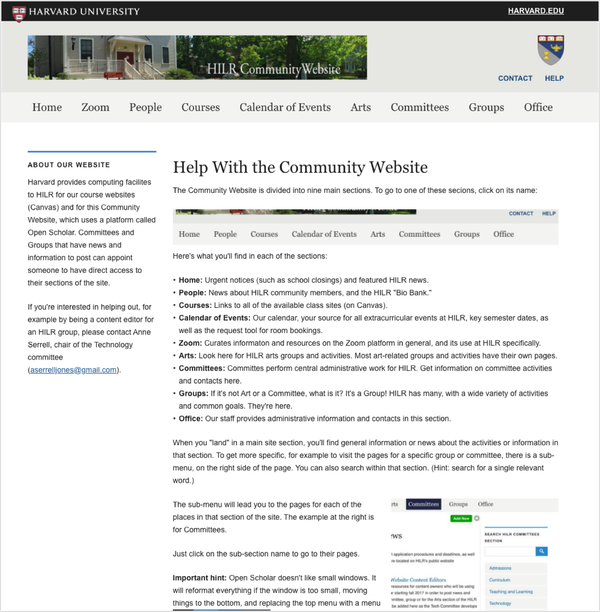 HILR's original Community Website with a page that explained the navigation.