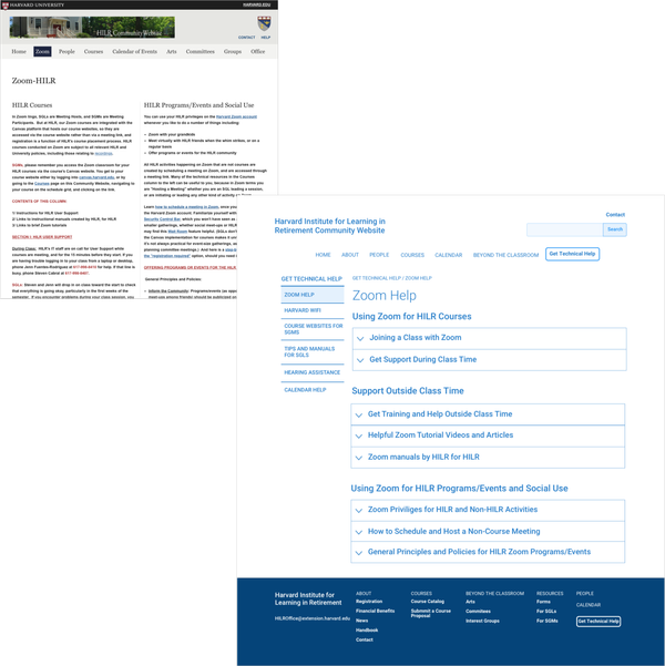 Old Zoom help page and wireframe for the new Zoom help page.