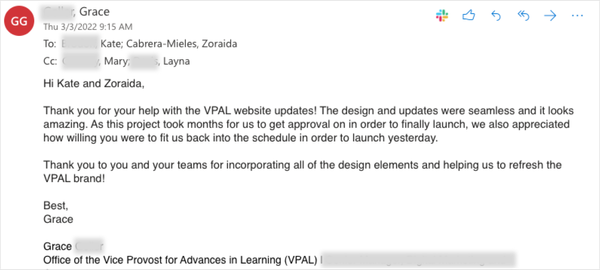 A screenshot of an email we received from the VPAL team thanking us.